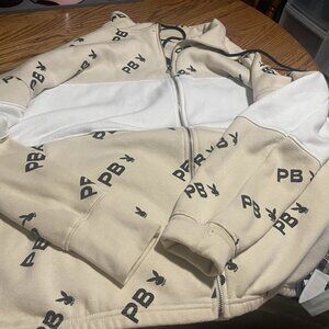 Missguided Playboy Stone White Color Block Full Zip Sweatshirt Womens 4 Small